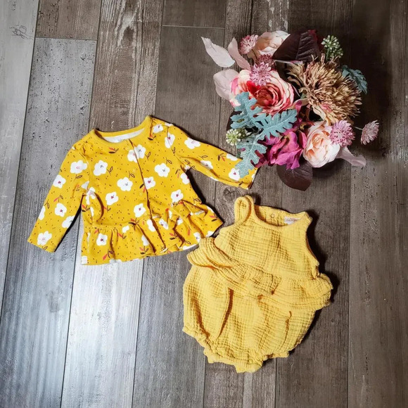 Cat & Jack & Carter's Yellow Gauze Ruffle Romper w/ Floral Cardigan Sweater 0-3M - Picture 7 of 12